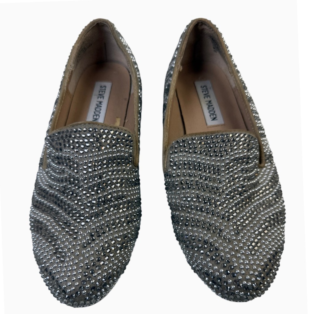 Steve Madden Women's Size 6 Silver Rhinestone Crystal Leather Loafers Flats